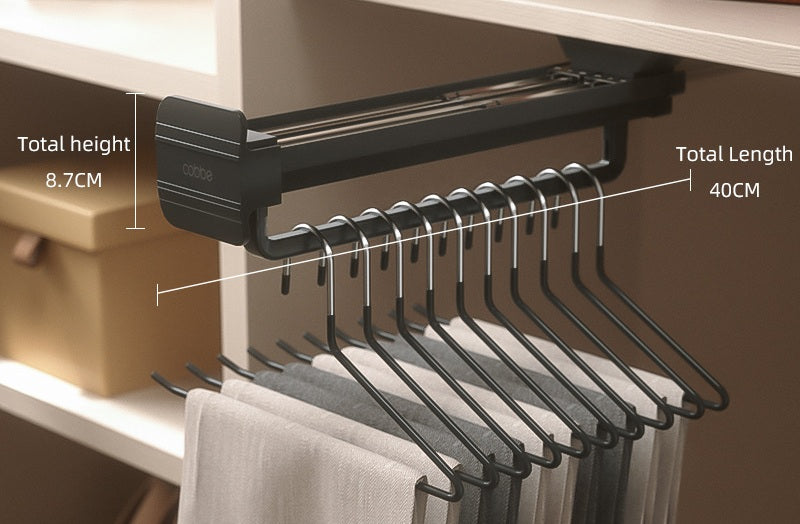 Top-Mount Pull-Out Wardrobe Hanger Rail – Extendable Adjustable Closet Rod for Hanging Clothes, Trouser Organization, Maximizing Wardrobe Space Neatly and Efficiently