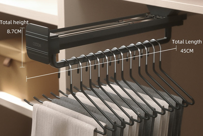 Top-Mount Pull-Out Wardrobe Hanger Rail – Extendable Adjustable Closet Rod for Hanging Clothes, Trouser Organization, Maximizing Wardrobe Space Neatly and Efficiently
