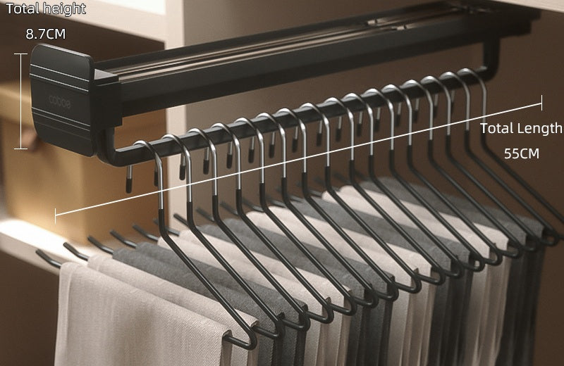 Top-Mount Pull-Out Wardrobe Hanger Rail – Extendable Adjustable Closet Rod for Hanging Clothes, Trouser Organization, Maximizing Wardrobe Space Neatly and Efficiently