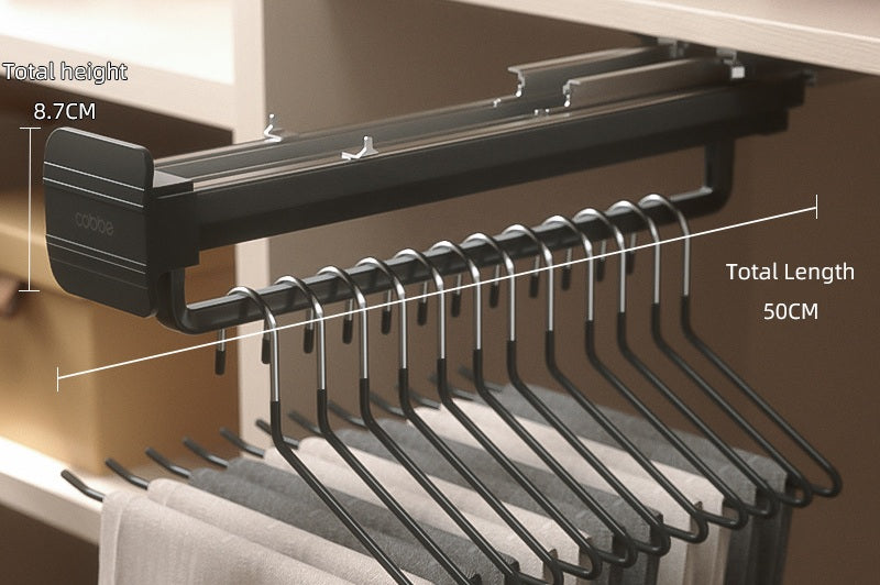 Top-Mount Pull-Out Wardrobe Hanger Rail – Extendable Adjustable Closet Rod for Hanging Clothes, Trouser Organization, Maximizing Wardrobe Space Neatly and Efficiently