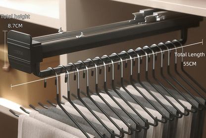 Top-Mount Pull-Out Wardrobe Hanger Rail – Extendable Adjustable Closet Rod for Hanging Clothes, Trouser Organization, Maximizing Wardrobe Space Neatly and Efficiently