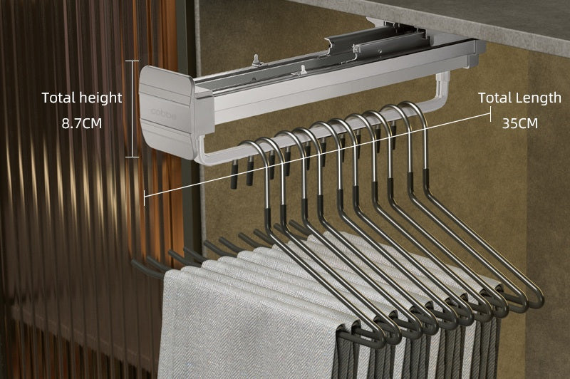 Top-Mount Pull-Out Wardrobe Hanger Rail – Extendable Adjustable Closet Rod for Hanging Clothes, Trouser Organization, Maximizing Wardrobe Space Neatly and Efficiently