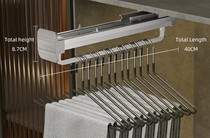 Top-Mount Pull-Out Wardrobe Hanger Rail – Extendable Adjustable Closet Rod for Hanging Clothes, Trouser Organization, Maximizing Wardrobe Space Neatly and Efficiently
