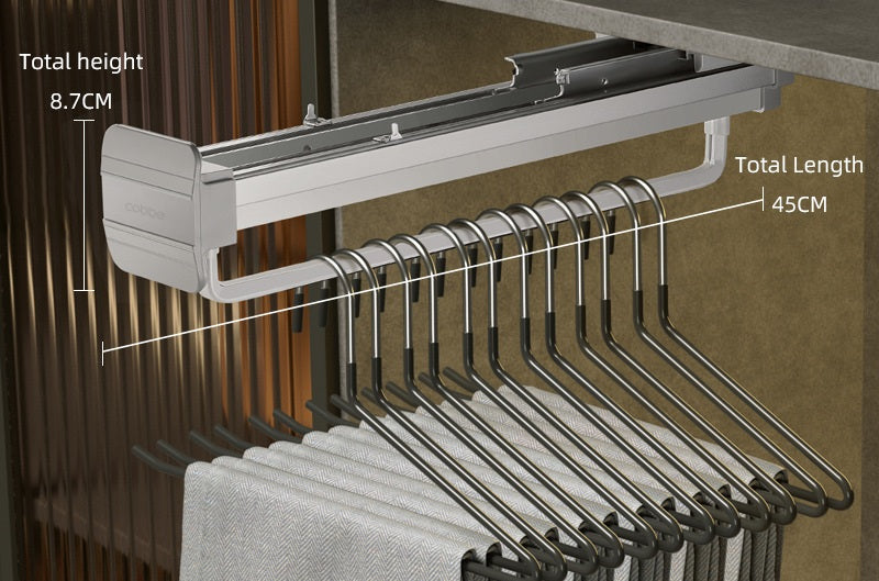 Top-Mount Pull-Out Wardrobe Hanger Rail – Extendable Adjustable Closet Rod for Hanging Clothes, Trouser Organization, Maximizing Wardrobe Space Neatly and Efficiently