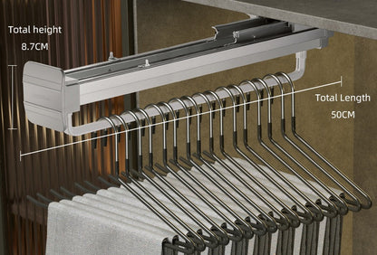 Top-Mount Pull-Out Wardrobe Hanger Rail – Extendable Adjustable Closet Rod for Hanging Clothes, Trouser Organization, Maximizing Wardrobe Space Neatly and Efficiently