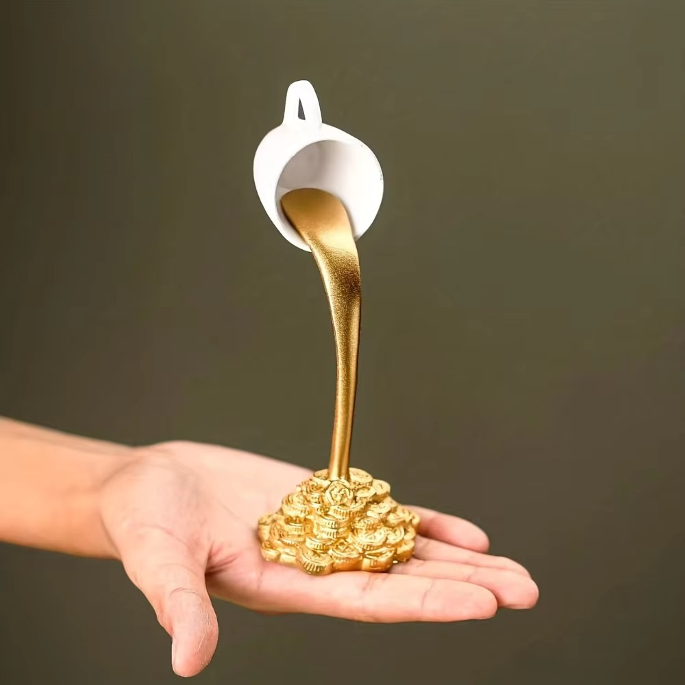 Floating Liquid Gold Mug Sculpture – Creative Spilling Coffee Cup Illusion Ornament for Kitchen, Desktop, Living Room and Home Decor