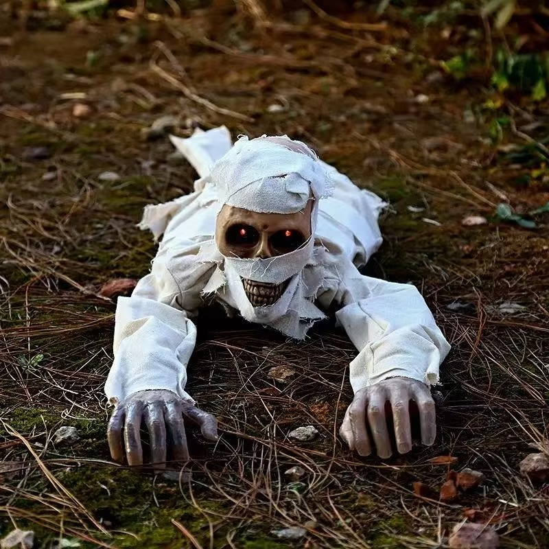 Crawling Mummy Halloween Decoration – Creepy Animated Zombie Figurine with LED Red Eyes for Indoor Home Decor, Haunted Displays and Holiday Parties