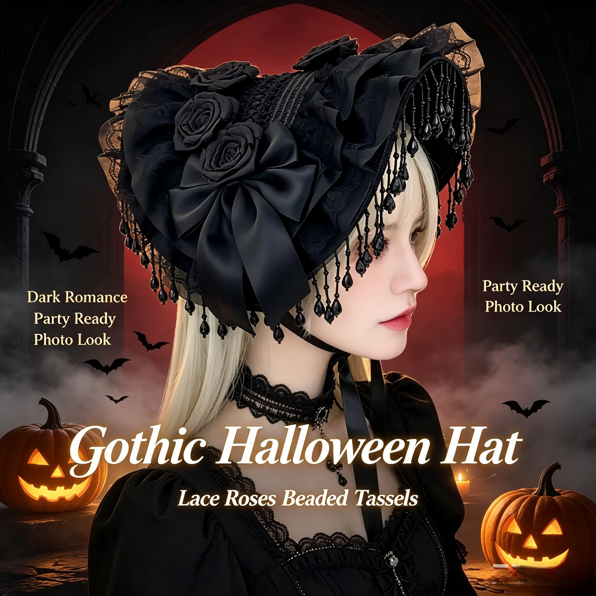 Gothic Halloween Cosplay Hat – Black Lace Cap with Pearl Tassels, Bow & Feather Details for Girls, Costume Parties and Photo Props