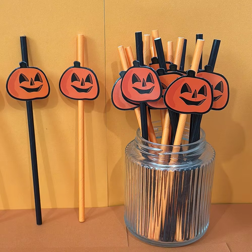 Halloween Disposable Paper Straws – 20–100 Piece Pumpkin Face Drinking Straws for Holiday Parties, Dinner Tables, Decorations and Party Favors