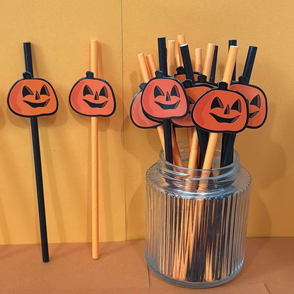 Halloween Disposable Paper Straws – 20–100 Piece Pumpkin Face Drinking Straws for Holiday Parties, Dinner Tables, Decorations and Party Favors