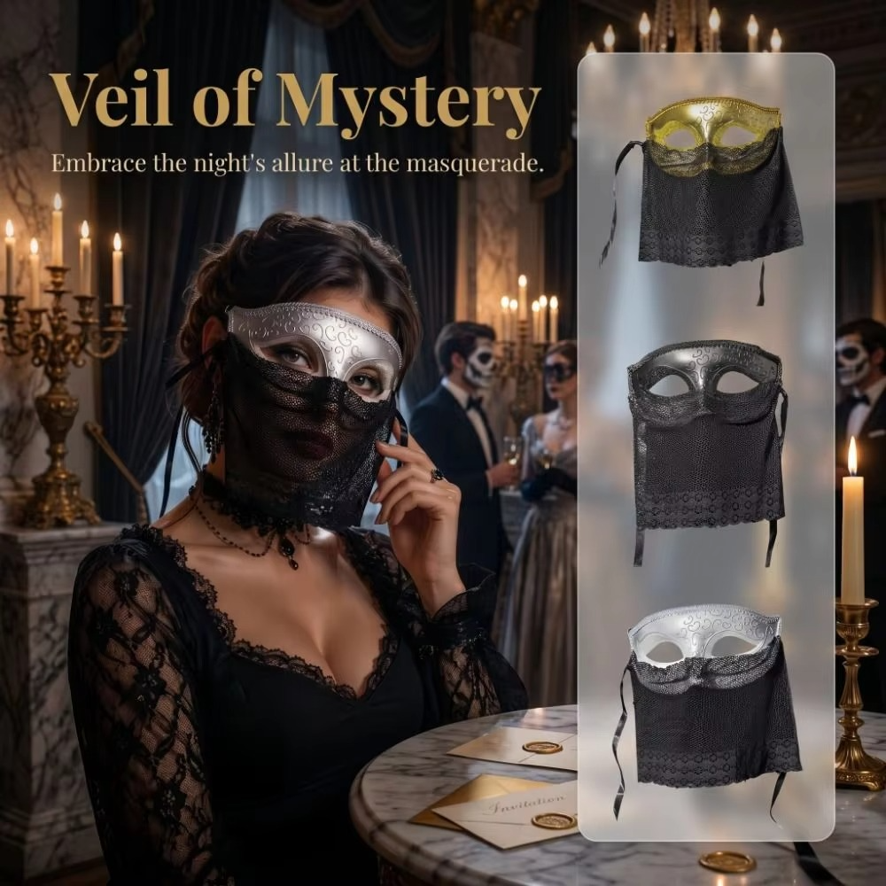 Venetian Half-Face Masquerade Mask – Retro Hollow-Out Design with Veil Details for Cosplay, Costume Parties, Live Performances and Halloween Events