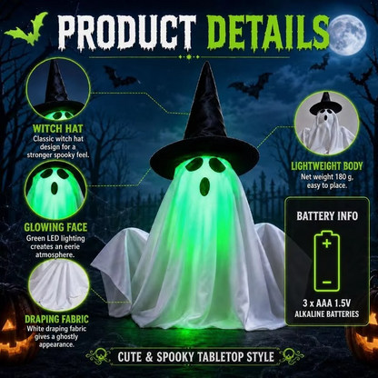 Rising Halloween Ghost Decoration – Animated Witch Hat Ghost with Glowing Green Face & Spooky Sound Effects for Tabletop, Haunted Houses and Parties