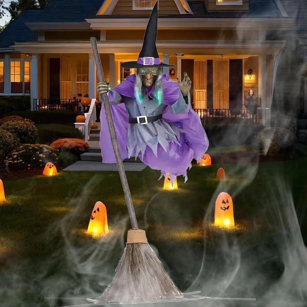 Halloween Flying Witch Decoration – Light-Up LED Hanging Witch with Creepy Screaming Sounds for Garden, Yard, Lawn and Indoor Halloween Displays