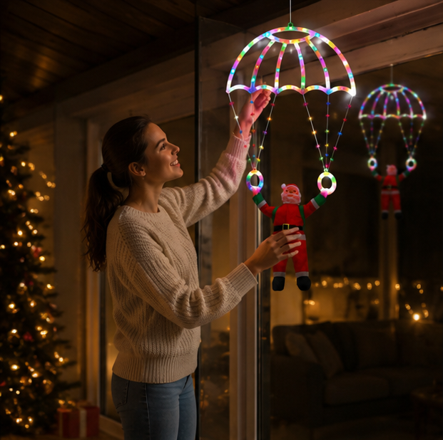 Santa Parachute Window Lights – Christmas LED Hanging Decoration with Lantern String for Festive Indoor Displays