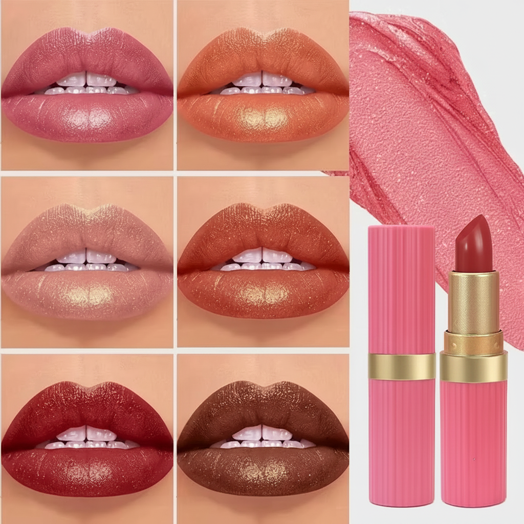 Pearlescent Pink Glitter Lipstick – Metallic Matte Shimmer Lip Color with Waterproof, Long-Lasting Finish for Sparkling Diamond-Look Makeup