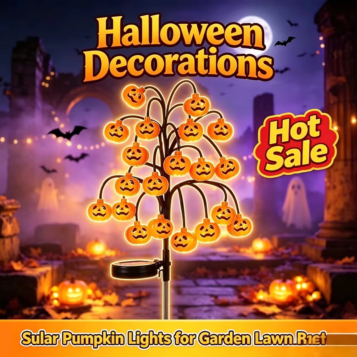Solar Pumpkin Tree Stake Lights – Waterproof Jack-O’-Lantern LED Garden Lamps for Halloween Yards, Pathways, Lawns and Outdoor Party Decor