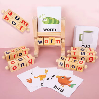 Wooden Rotating Letter Puzzle – Short Vowel Word Spelling Blocks for Reading Practice, Early Learning, Preschool Education and Kids Literacy Skills
