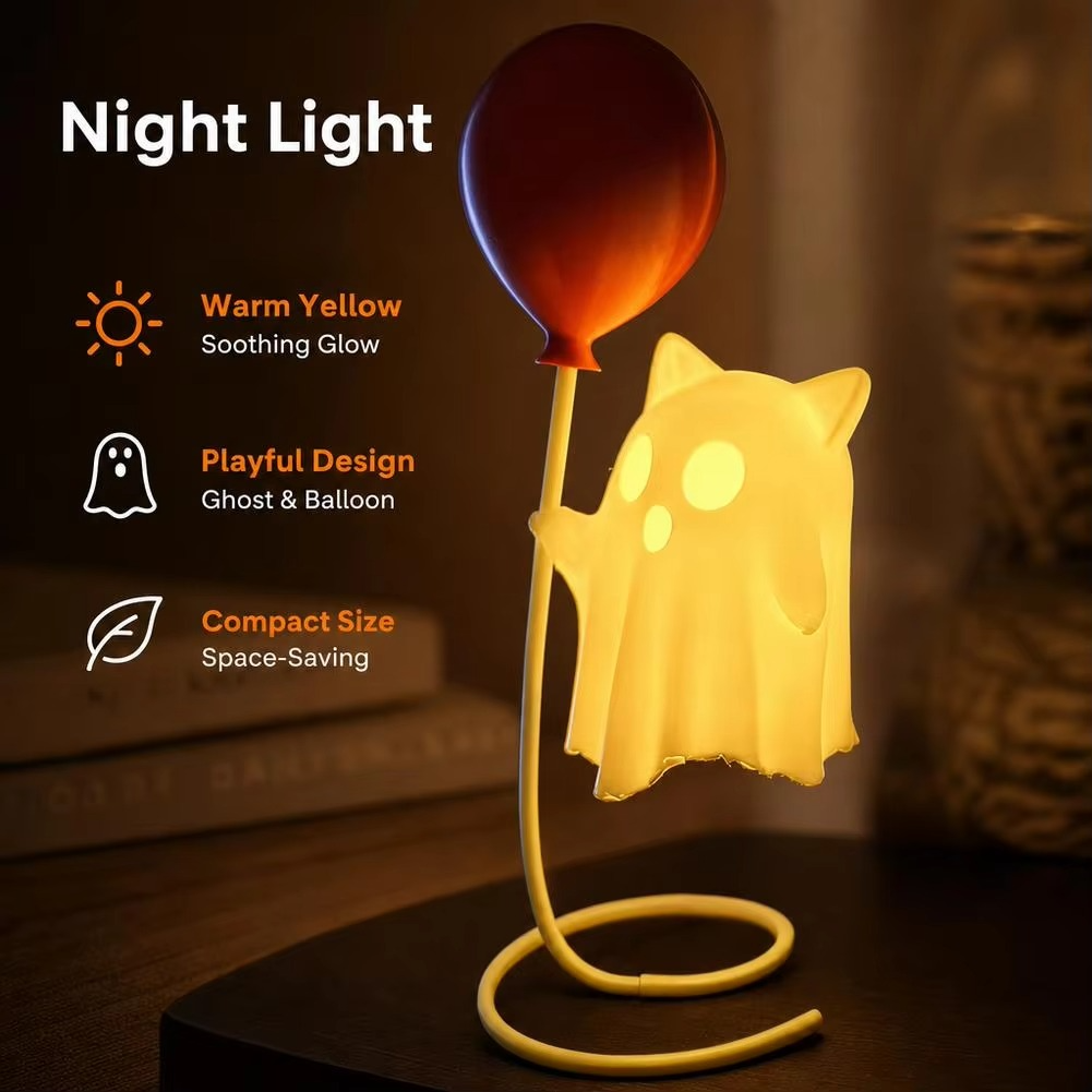 Spooky Ghost LED Night Light – Cute Halloween Ghost Ornament for Courtyard, Study Desk, Bedroom, Party and Indoor Holiday Decoration