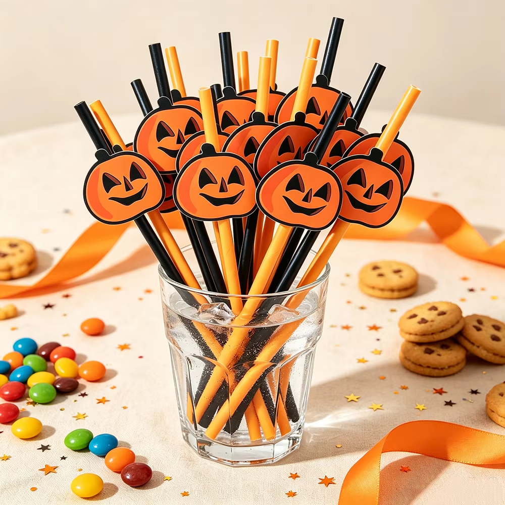 Halloween Disposable Paper Straws – 20–100 Piece Pumpkin Face Drinking Straws for Holiday Parties, Dinner Tables, Decorations and Party Favors