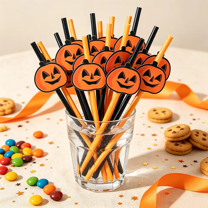 Halloween Disposable Paper Straws – 20–100 Piece Pumpkin Face Drinking Straws for Holiday Parties, Dinner Tables, Decorations and Party Favors