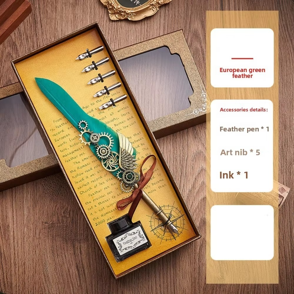 Feather Dip Pen Set – Vintage Calligraphy Quill Writing Pen with 5 Replaceable Nibs, Ink Bottle and Elegant Gift Set for Artists & Signatures