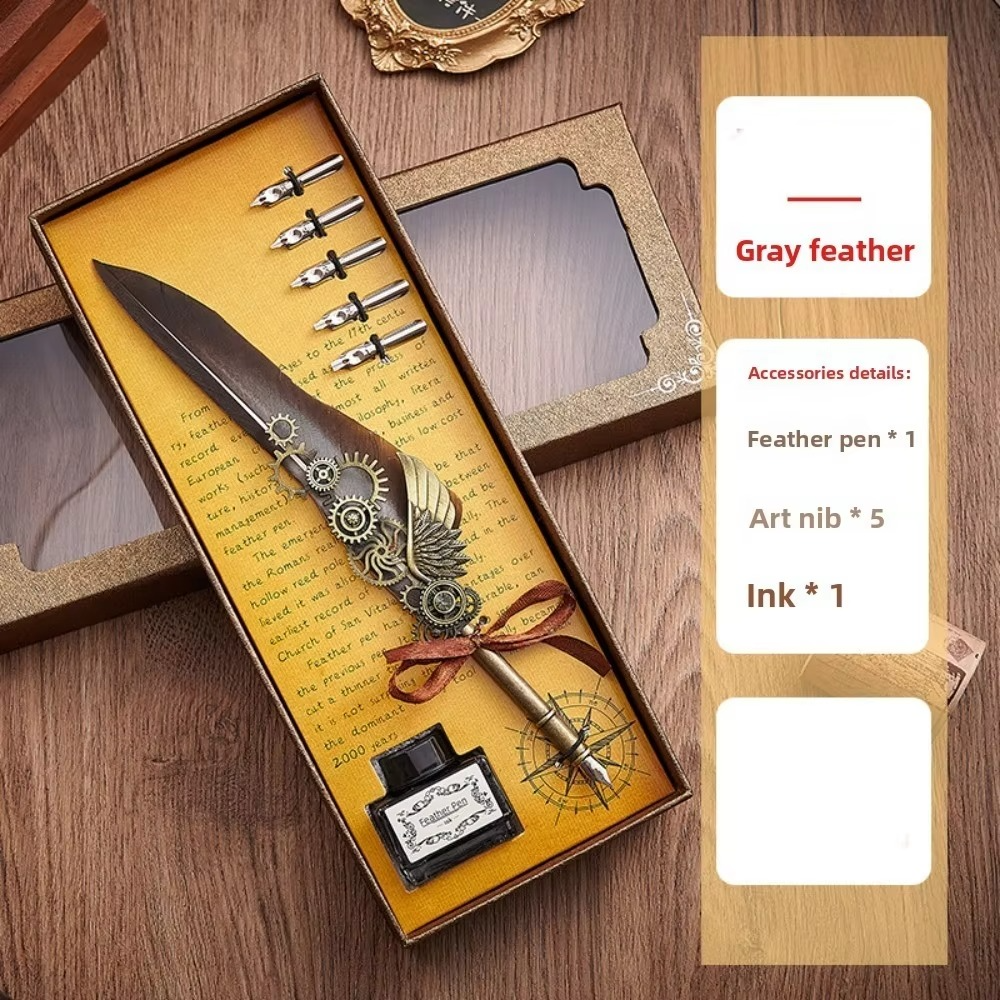 Feather Dip Pen Set – Vintage Calligraphy Quill Writing Pen with 5 Replaceable Nibs, Ink Bottle and Elegant Gift Set for Artists & Signatures
