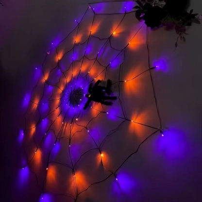 Halloween Spider Web LED String Lights – Orange Glowing Spider Net with Black Spider for Indoor, Outdoor, Haunted House and Party Decor