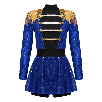 Girls Sequin Magician Costume – Circus Ringmaster Bodysuit Jumpsuit with Hat, Gloves & Magic Wand for Halloween, Stage Performances and Dress-Up