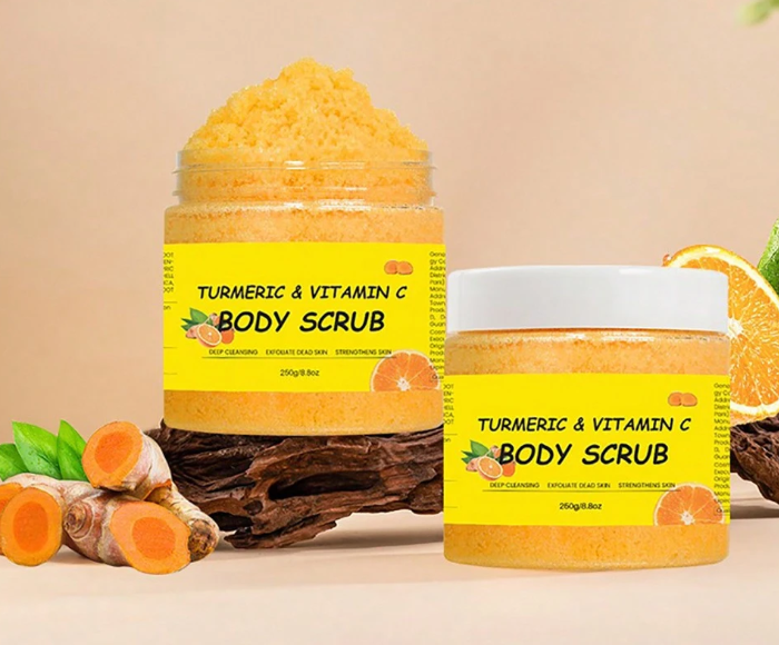 Turmeric & Vitamin C Exfoliating Body Scrub – Deep Cleansing Salt & Sugar Formula for Brightening Dark Spots, Acne & Skin Tone