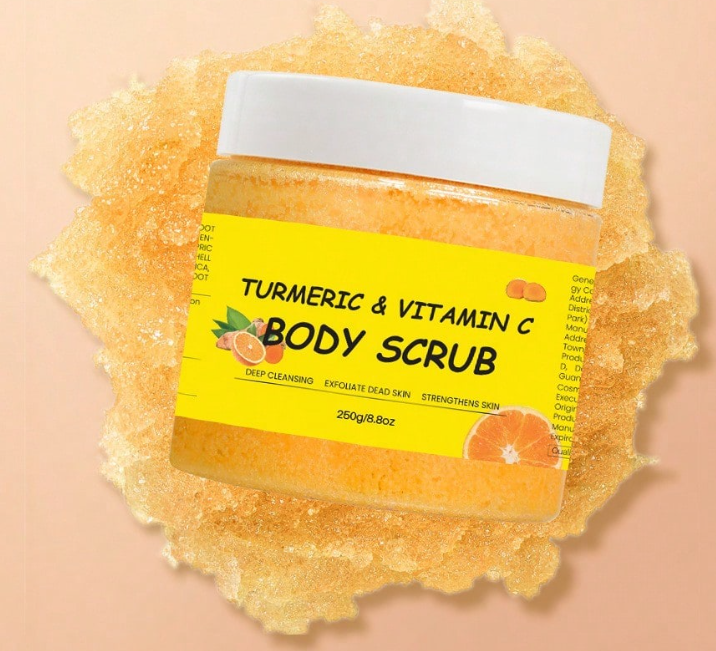 Turmeric & Vitamin C Exfoliating Body Scrub – Deep Cleansing Salt & Sugar Formula for Brightening Dark Spots, Acne & Skin Tone