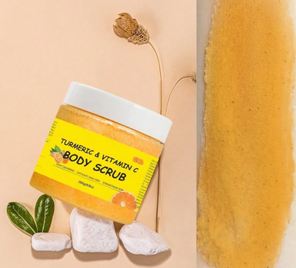 Turmeric & Vitamin C Exfoliating Body Scrub – Deep Cleansing Salt & Sugar Formula for Brightening Dark Spots, Acne & Skin Tone