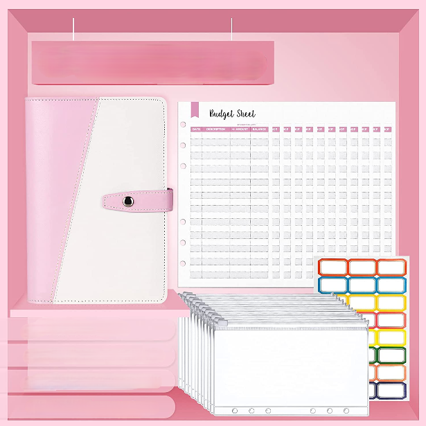 Money Saving Budget Wallet Binder with Zipper Pockets, Budget Sheets and Self-adhesive Labels