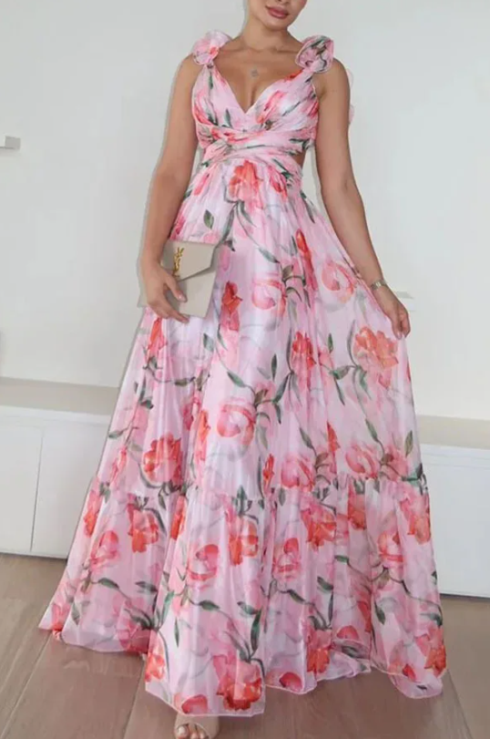 Women’s Chiffon Ruffled Print Dress – V‑Neck Pleated High-Waist Ankle-Length Loose Dress for Summer Casual or Formal Occasions
