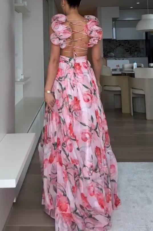 Women’s Chiffon Ruffled Print Dress – V‑Neck Pleated High-Waist Ankle-Length Loose Dress for Summer Casual or Formal Occasions