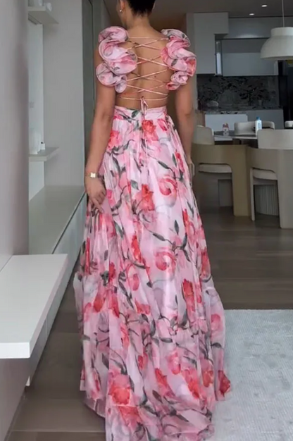 Women’s Chiffon Ruffled Print Dress – V‑Neck Pleated High-Waist Ankle-Length Loose Dress for Summer Casual or Formal Occasions