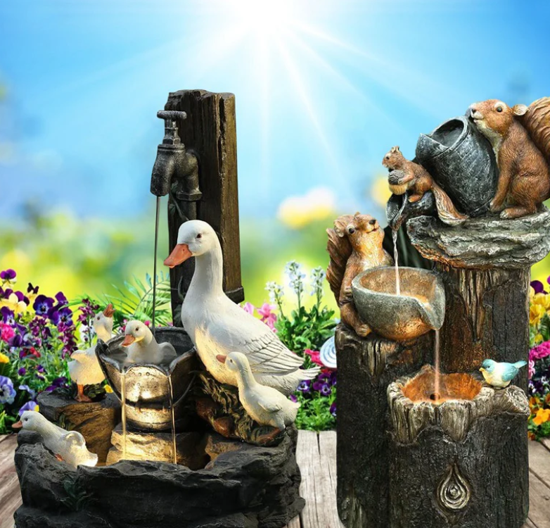 Resin Duck Family Water Fountain – Outdoor Sun Fountain Sculpture for Patio, Garden Landscaping, Decorative Water Feature Home & Yard Decor