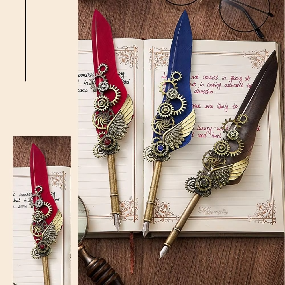 Feather Dip Pen Set – Vintage Calligraphy Quill Writing Pen with 5 Replaceable Nibs, Ink Bottle and Elegant Gift Set for Artists & Signatures