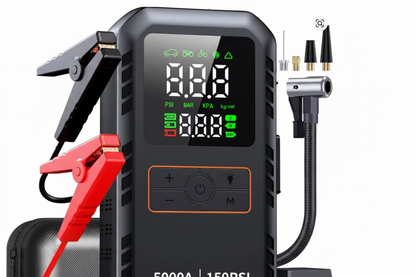 Car Jump Starter with Air Compressor – 5000A Portable Battery Booster with 150 PSI Tire Inflator for Cars, Bikes and Motorcycles