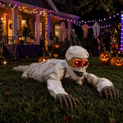 Crawling Mummy Halloween Decoration – Creepy Animated Zombie Figurine with LED Red Eyes for Indoor Home Decor, Haunted Displays and Holiday Parties