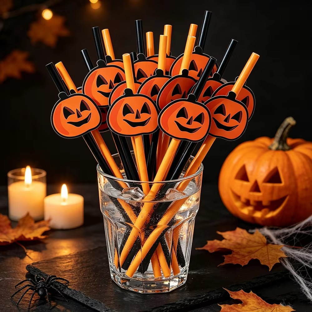 Halloween Disposable Paper Straws – 20–100 Piece Pumpkin Face Drinking Straws for Holiday Parties, Dinner Tables, Decorations and Party Favors