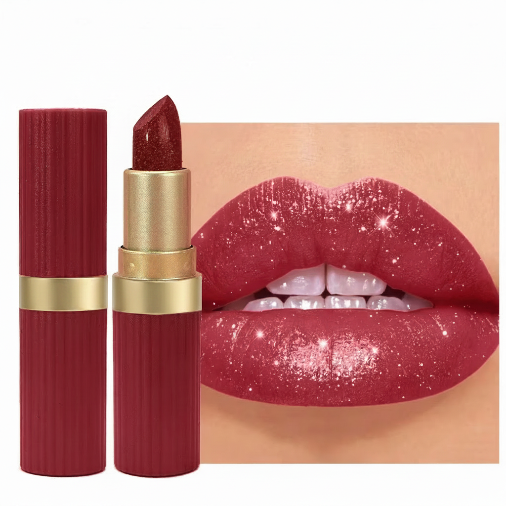 Pearlescent Pink Glitter Lipstick – Metallic Matte Shimmer Lip Color with Waterproof, Long-Lasting Finish for Sparkling Diamond-Look Makeup