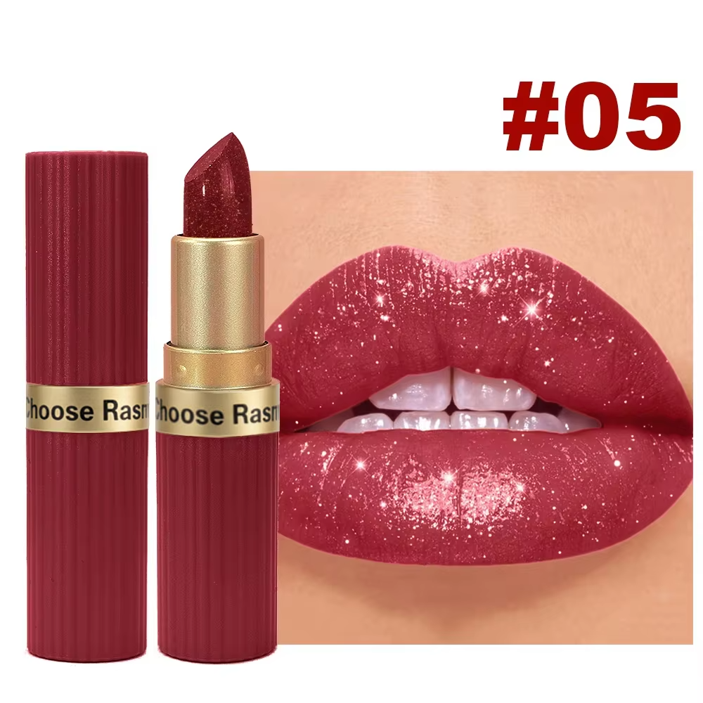 Pearlescent Pink Glitter Lipstick – Metallic Matte Shimmer Lip Color with Waterproof, Long-Lasting Finish for Sparkling Diamond-Look Makeup