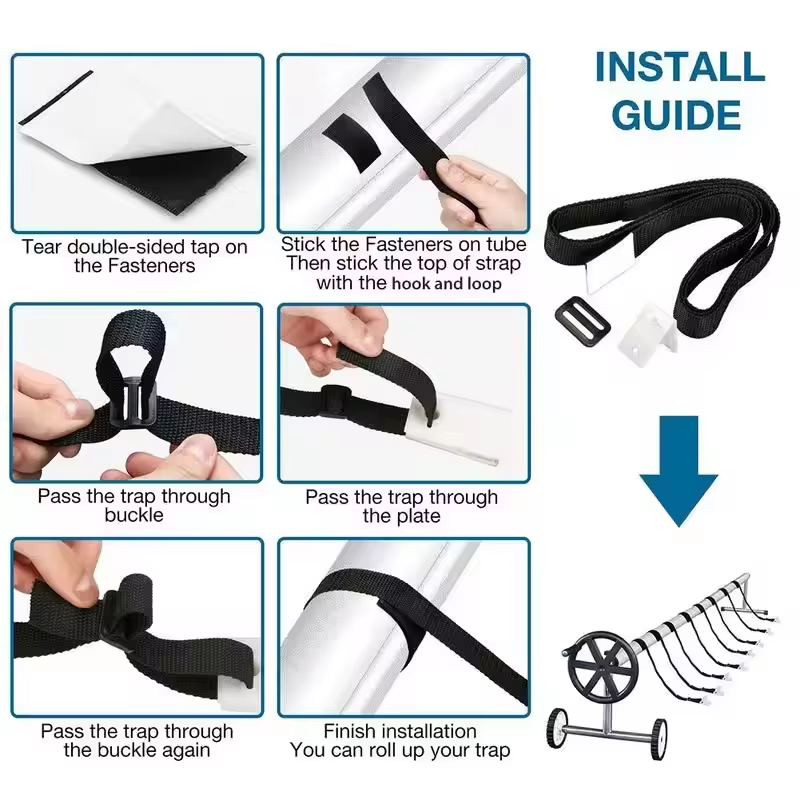 Swimming Pool Cover Reel Strap Kit – 8-Piece Adjustable Attachment Straps & Clips for Solar Cover Rollers, Storage Spools and Pool Covers