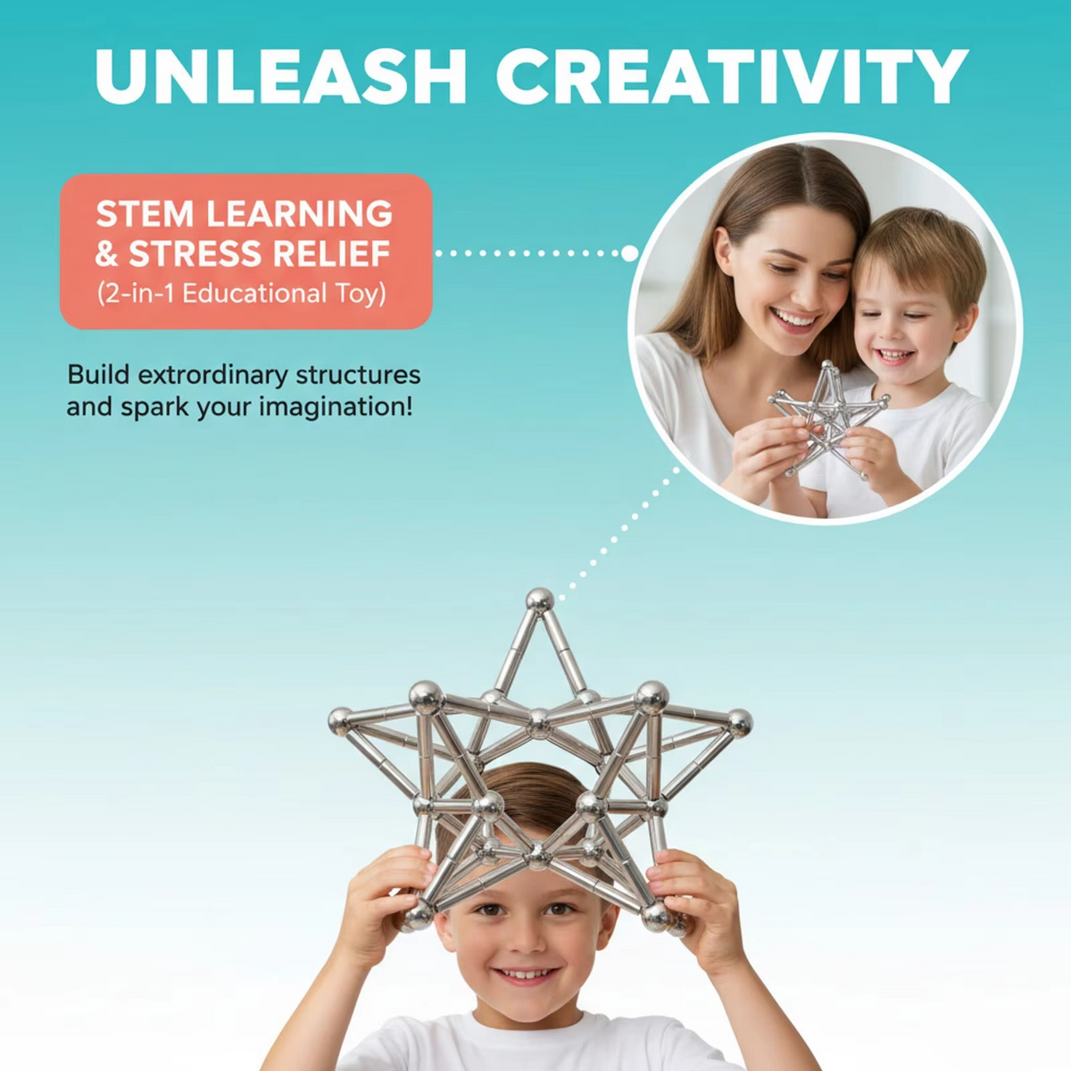 Kids Magnetic Building Stick Set – 36 Rods and 27 Blocks Construction Puzzle Toy for Creative Building, Preschool Learning and STEM Play