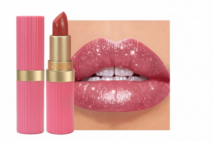 Pearlescent Pink Glitter Lipstick – Metallic Matte Shimmer Lip Color with Waterproof, Long-Lasting Finish for Sparkling Diamond-Look Makeup