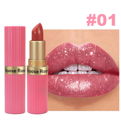 Pearlescent Pink Glitter Lipstick – Metallic Matte Shimmer Lip Color with Waterproof, Long-Lasting Finish for Sparkling Diamond-Look Makeup