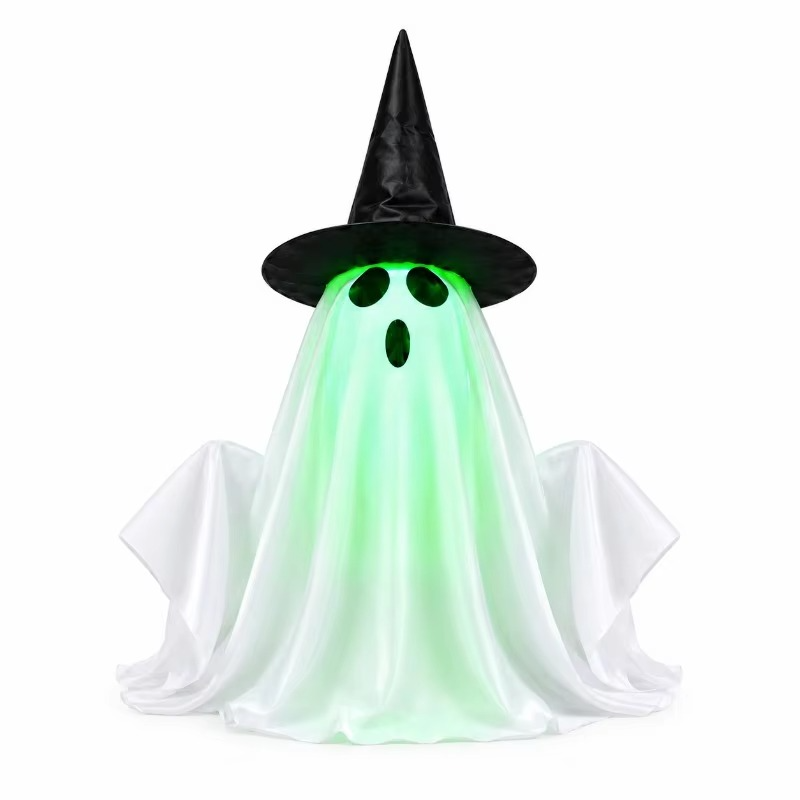 Rising Halloween Ghost Decoration – Animated Witch Hat Ghost with Glowing Green Face & Spooky Sound Effects for Tabletop, Haunted Houses and Parties