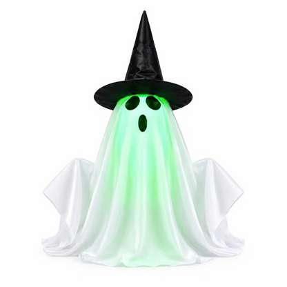 Rising Halloween Ghost Decoration – Animated Witch Hat Ghost with Glowing Green Face & Spooky Sound Effects for Tabletop, Haunted Houses and Parties