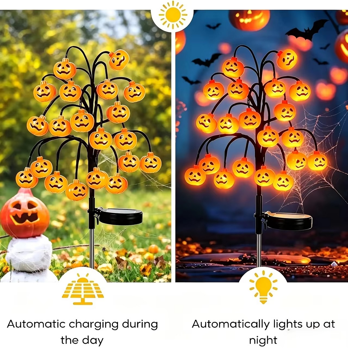 Solar Pumpkin Tree Stake Lights – Waterproof Jack-O’-Lantern LED Garden Lamps for Halloween Yards, Pathways, Lawns and Outdoor Party Decor