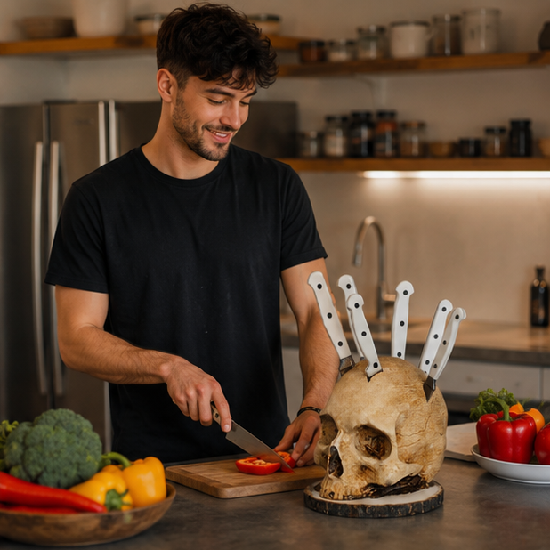 Skull Knife Holder – Unique Skeleton Head Kitchen Storage Rack, Horror Knife Stand and Fruit Rack Halloween Home Decoration